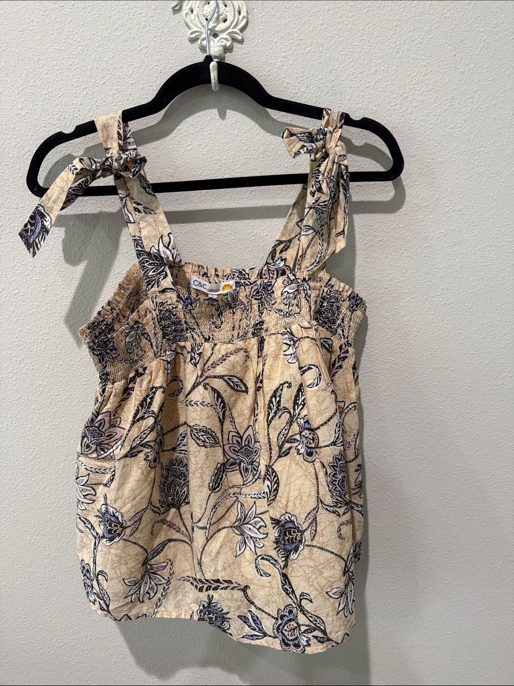 C&C California Beige Floral Tie-Strap Smocked Tank